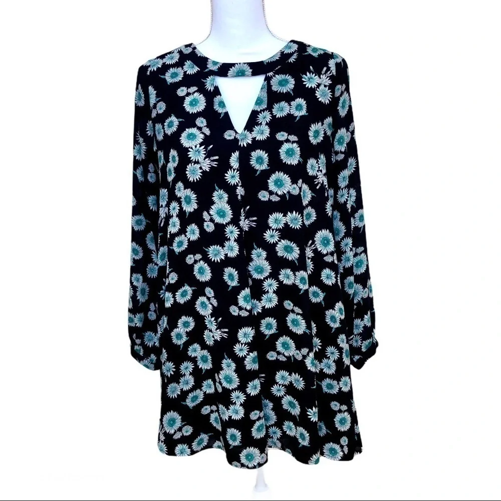 Black & Teal Floral Babydoll Dress Long Sleeves Size XS